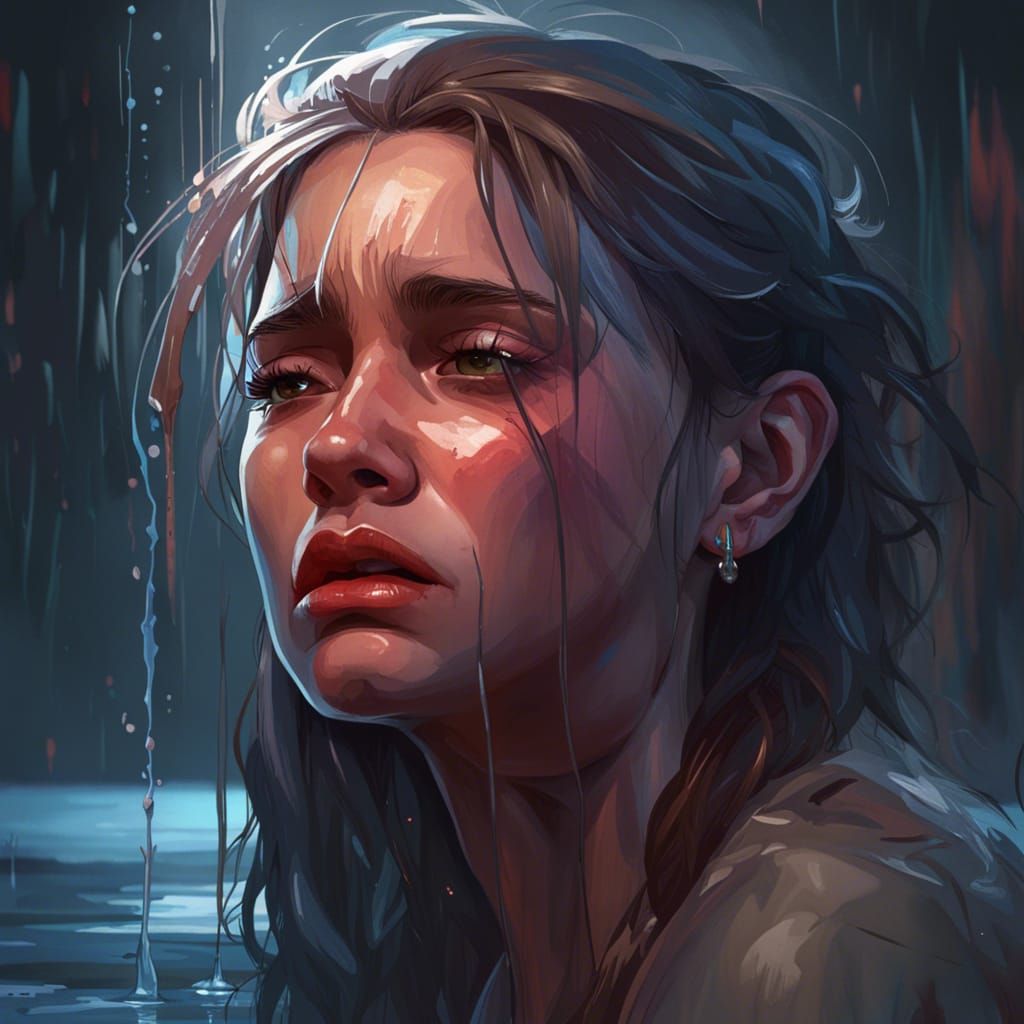 Girl Crying a River of Tears: Detailed Portrait