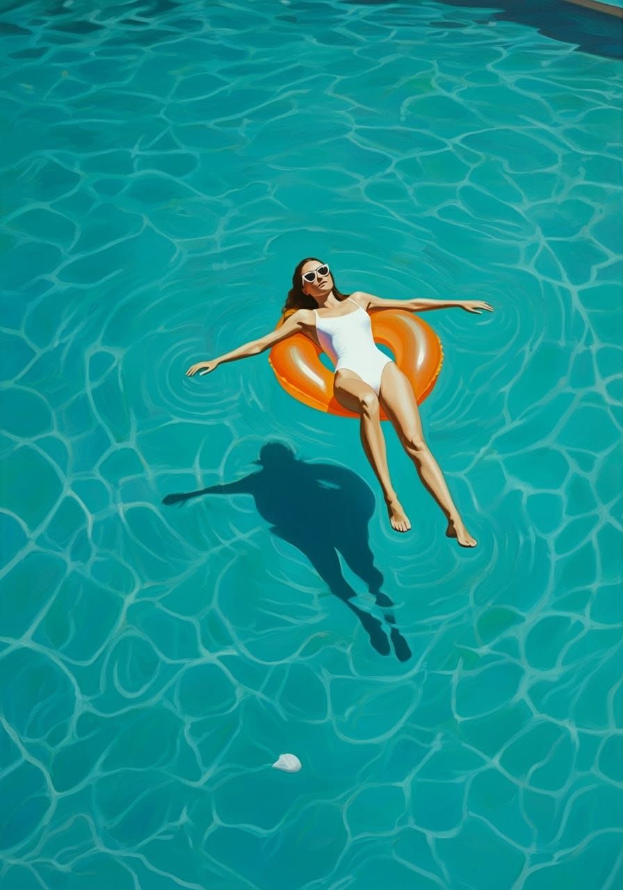 Woman Relaxing on a Vibrant Orange Inflatable in a Turquoise...