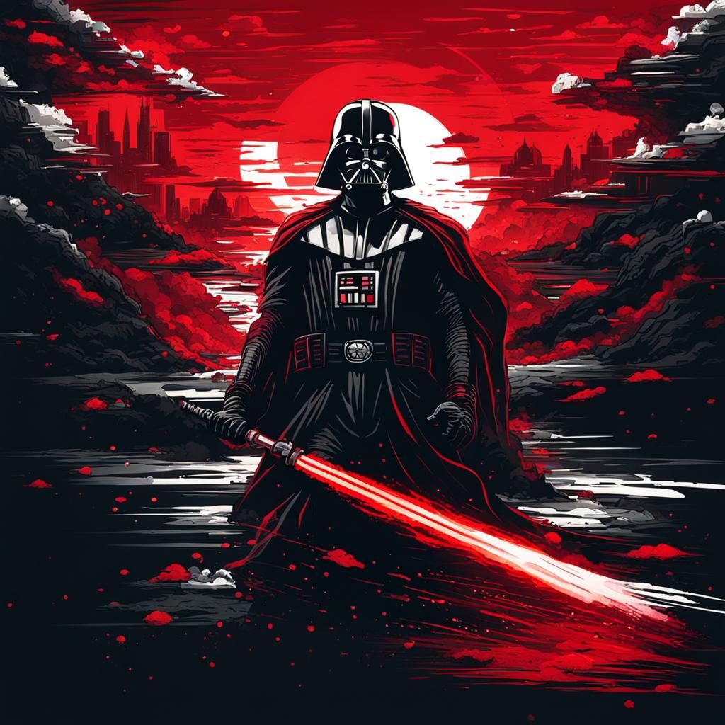 Samurai Darth Vader with Lightsaber in Graphic Novel Style