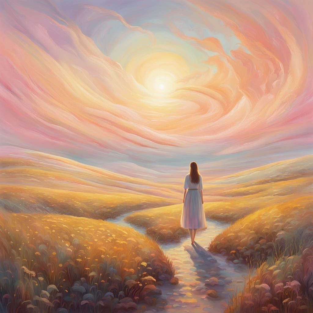 Dreamlike Figure in Surreal Landscape with Ethereal Glow