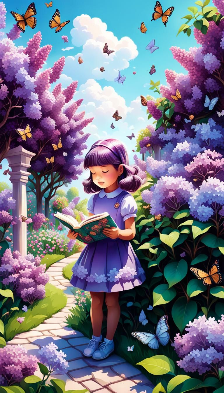 Girl Reading in Lilac Garden: Candy Art