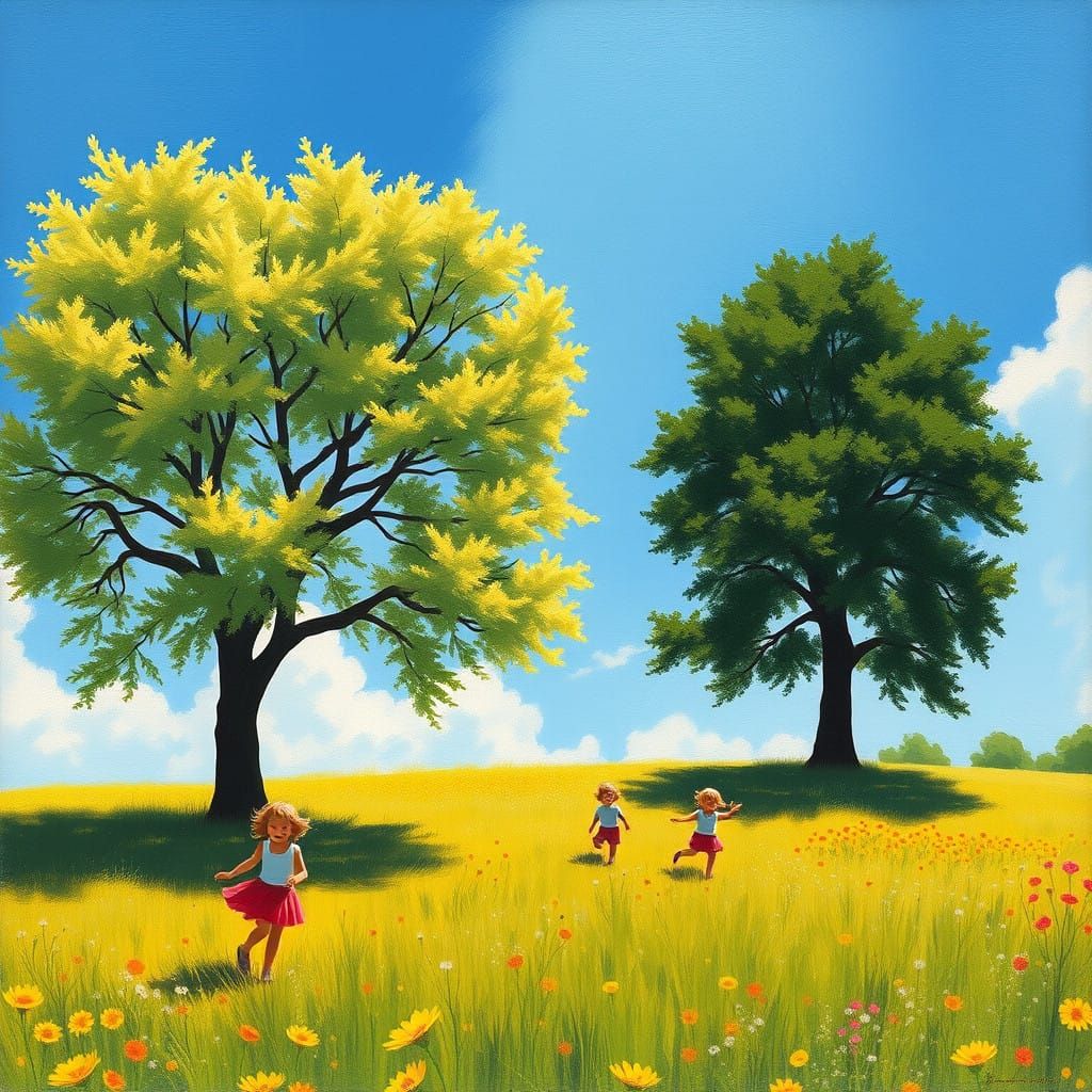 Elegant Summer Scene with Majestic Trees and Wildflowers