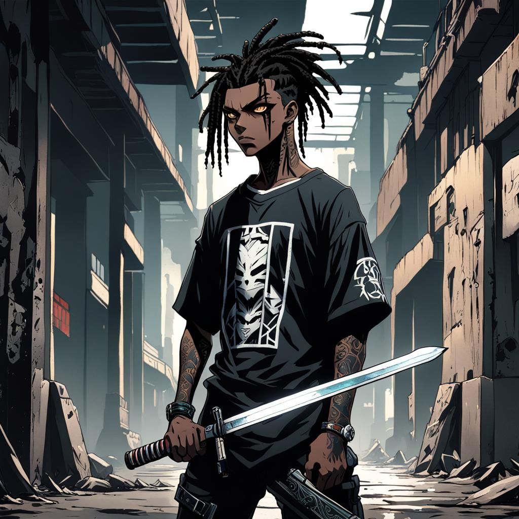 Young Cyborg Boy in Dark Anime Sci-Fi Style