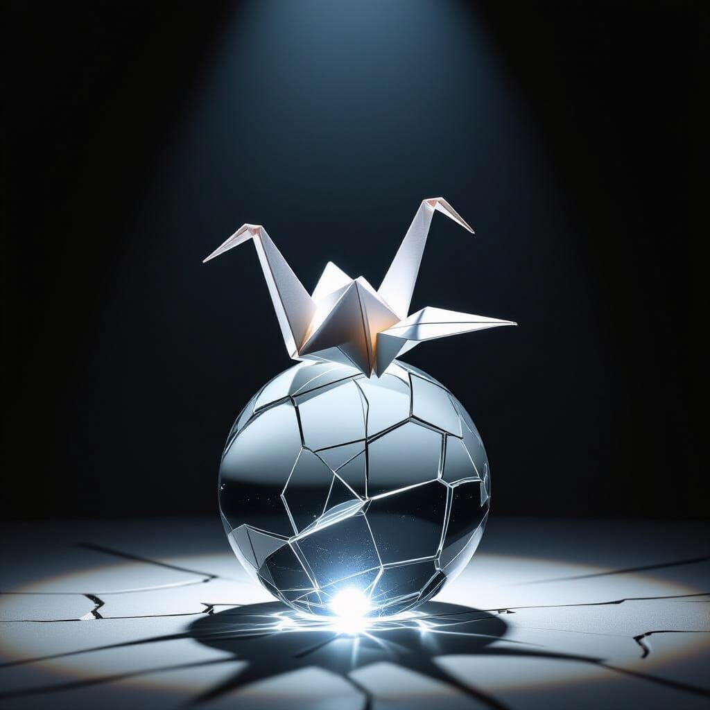 Fragile Origami Crane on Cracked Orb