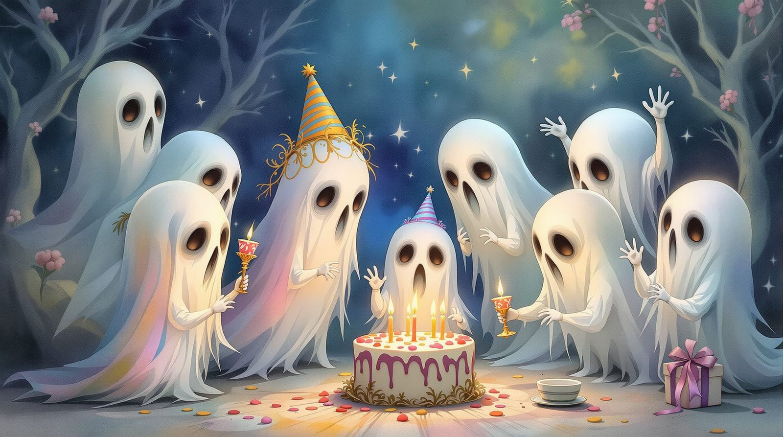 Chibi Ghosts Celebrate Birthday in Soft Watercolor Style