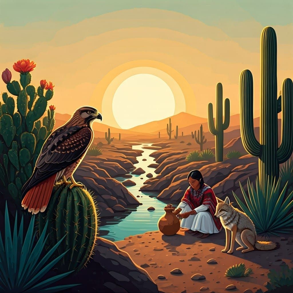 Red-Tailed Hawk in Desert Scene: Pop Art Style