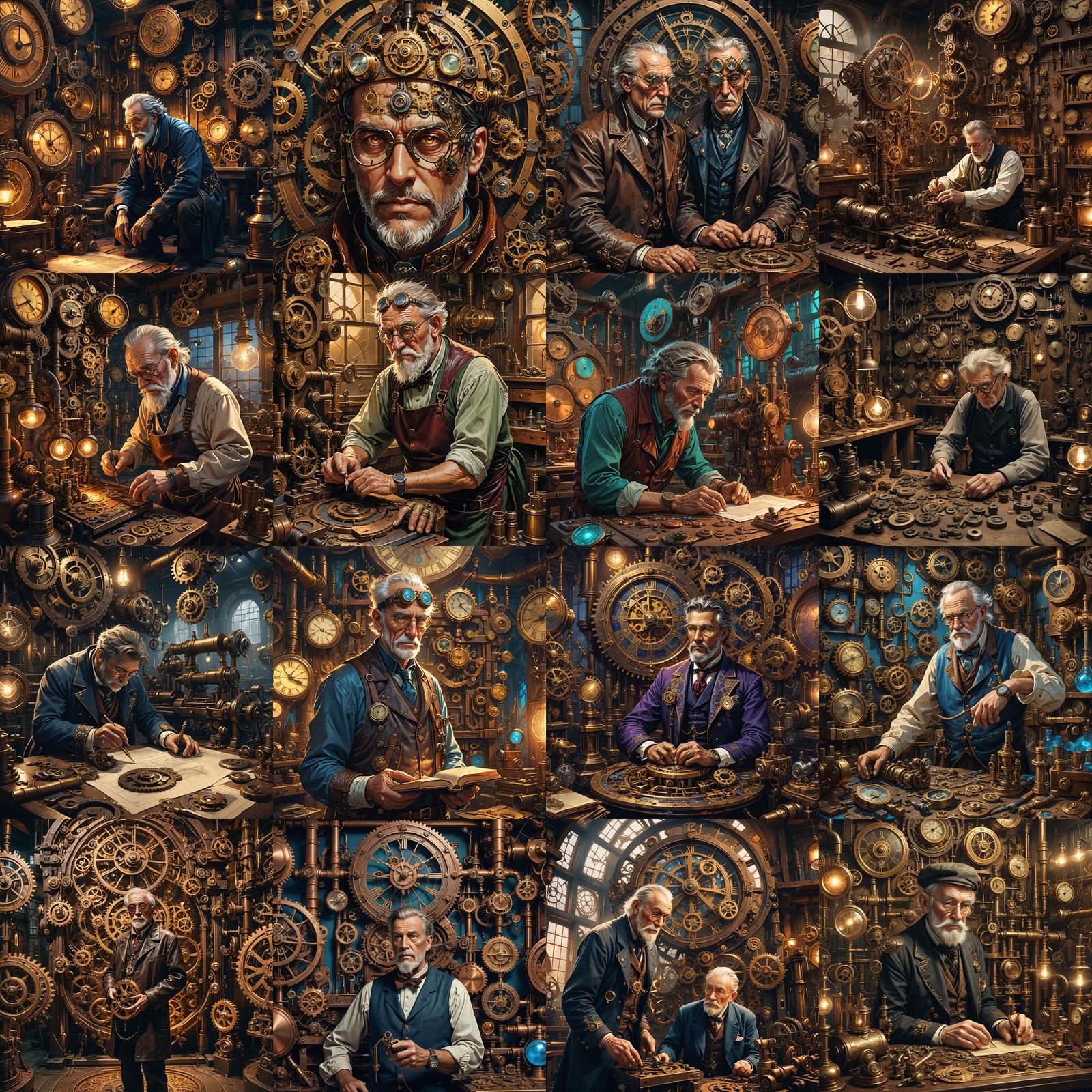 Steampunk Wise Man Contemplates Clock Creation