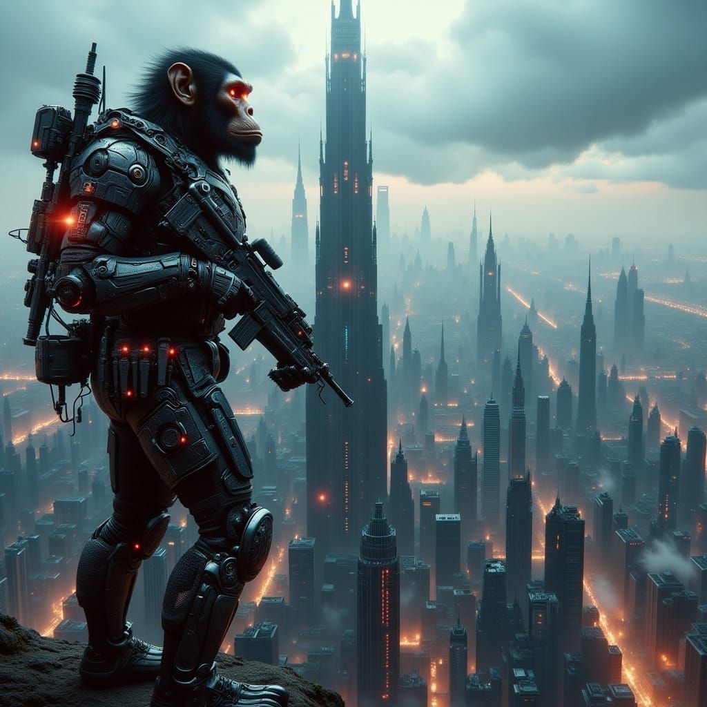 Apes Dominate Futuristic Dystopian Cityscape in Cyberpunk St...