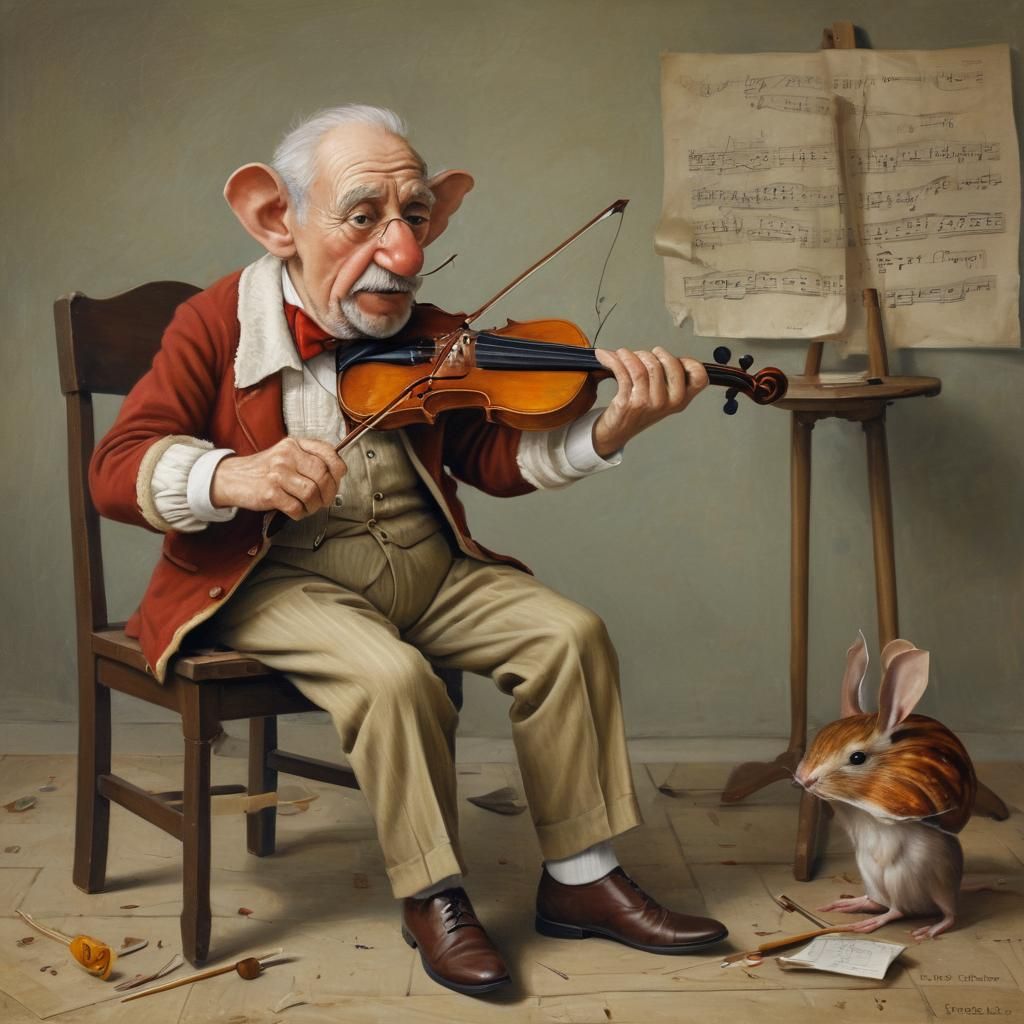 Hyperrealistic Painting of Music Teacher and Mouse