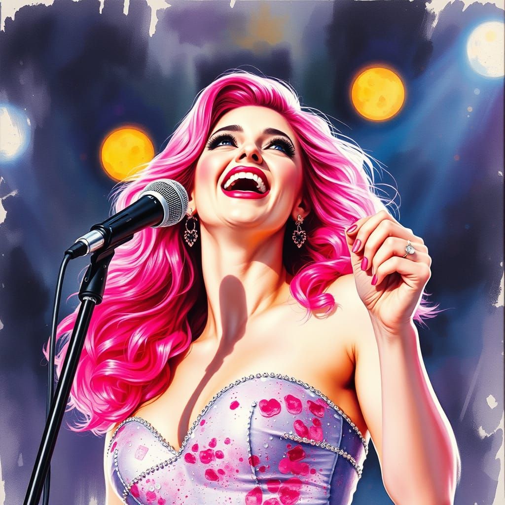 Pink Haired Singer in Gouache Watercolor Style