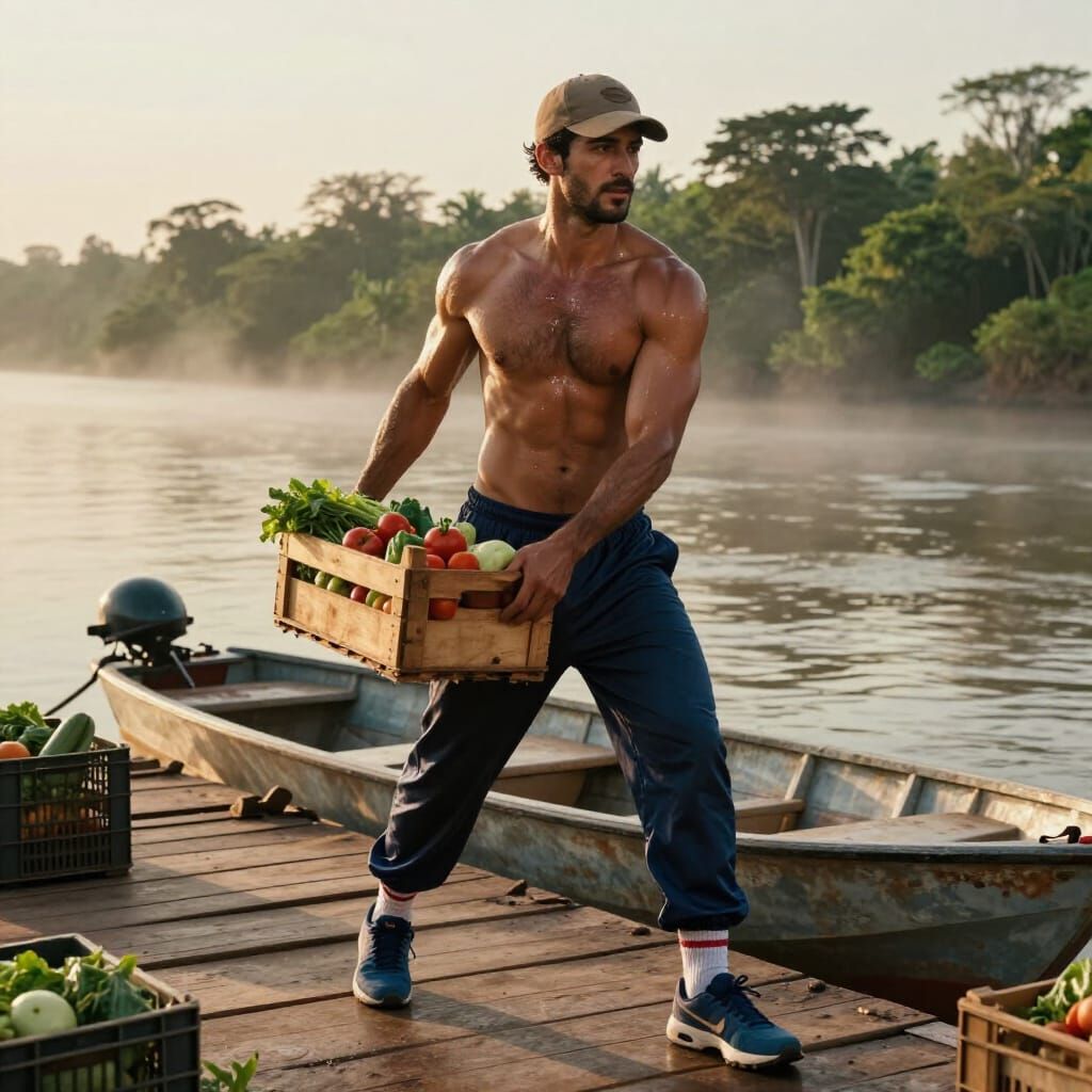 Cinematic Photo of Athletic Argentine Man Lifting Crate