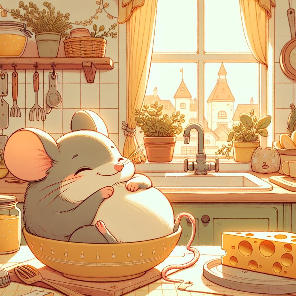 Cozy Kitchen Scene: Content Mouse with Cheese