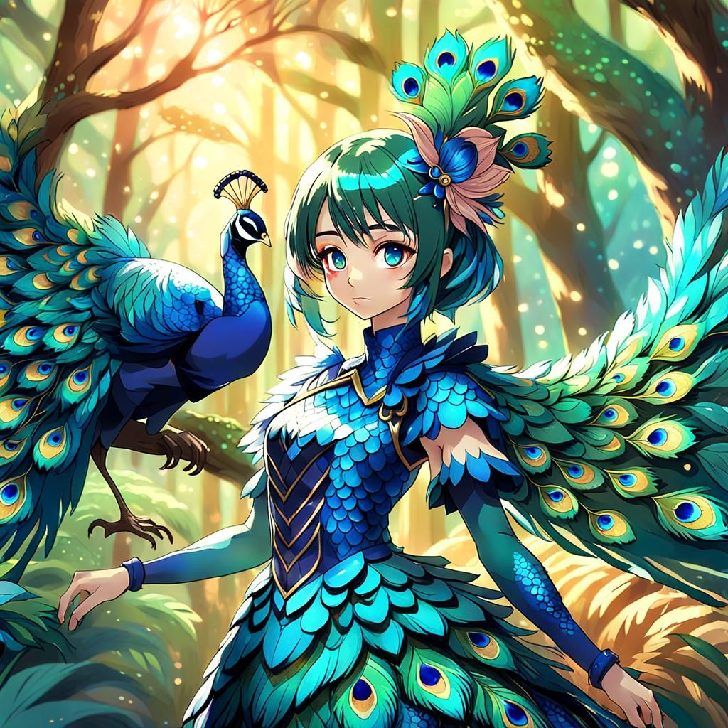 Anime Girl in Vibrant Peacock Garb