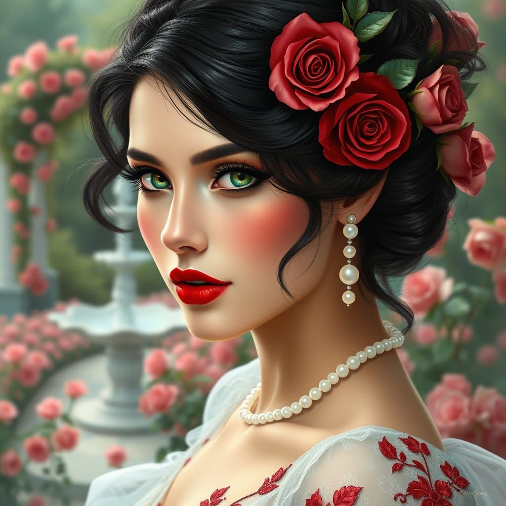 An airbrush oil painting of a woman with emerald-green eyes and deep red lips. She has dark curls adorned with crimson r...