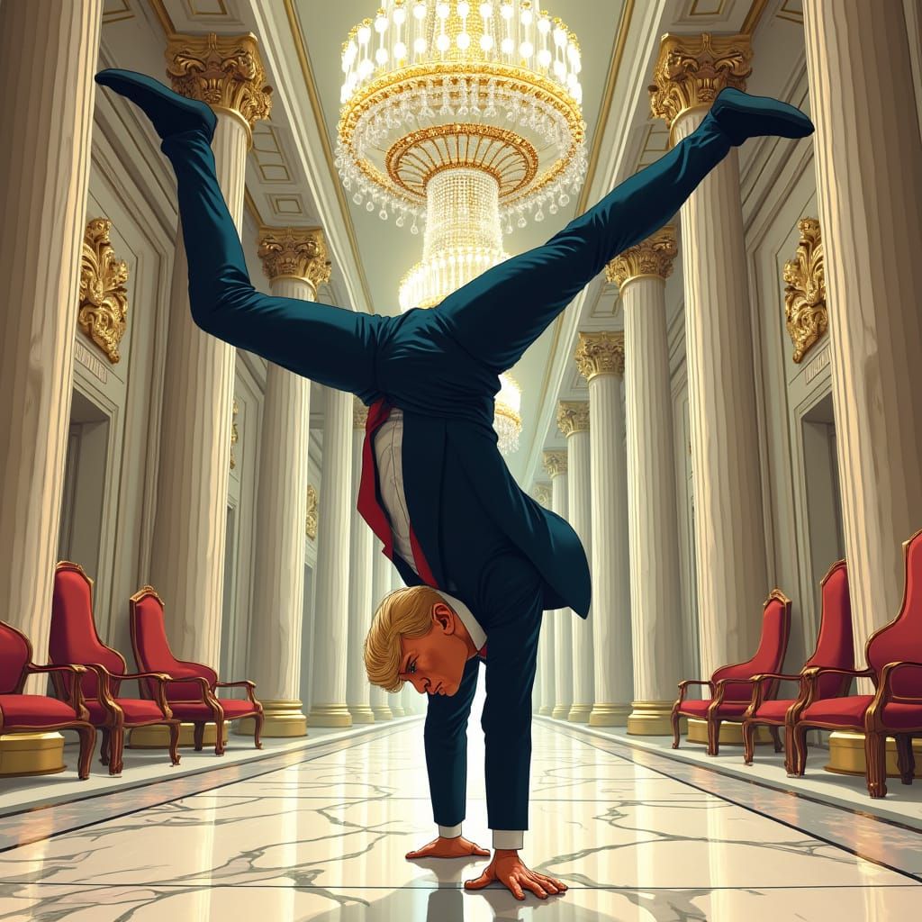 Trump Performs Whimsical Handstand in Futuristic Opulence