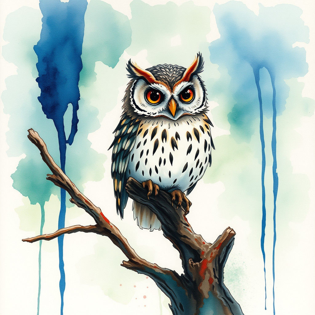 Whimsical Owl in Watercolor and Alcohol Ink Style