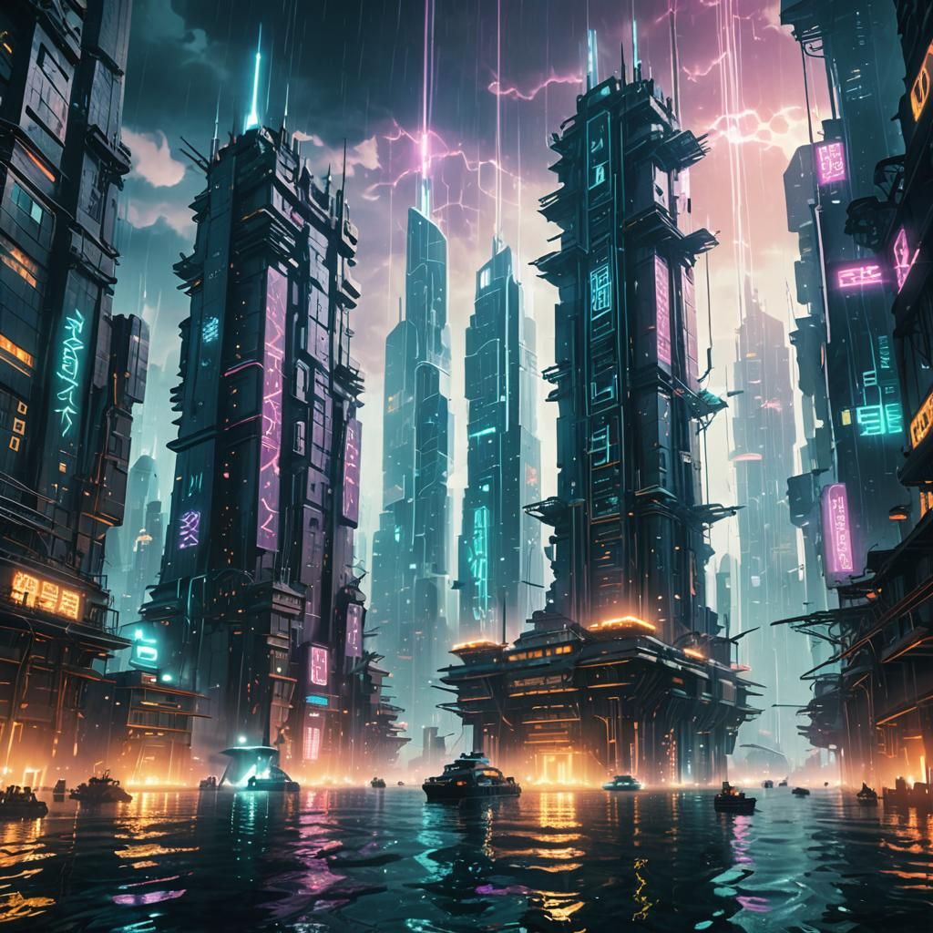 Underwater Cyberpunk Metropolis: Neon Skyscrapers in Stormy ...