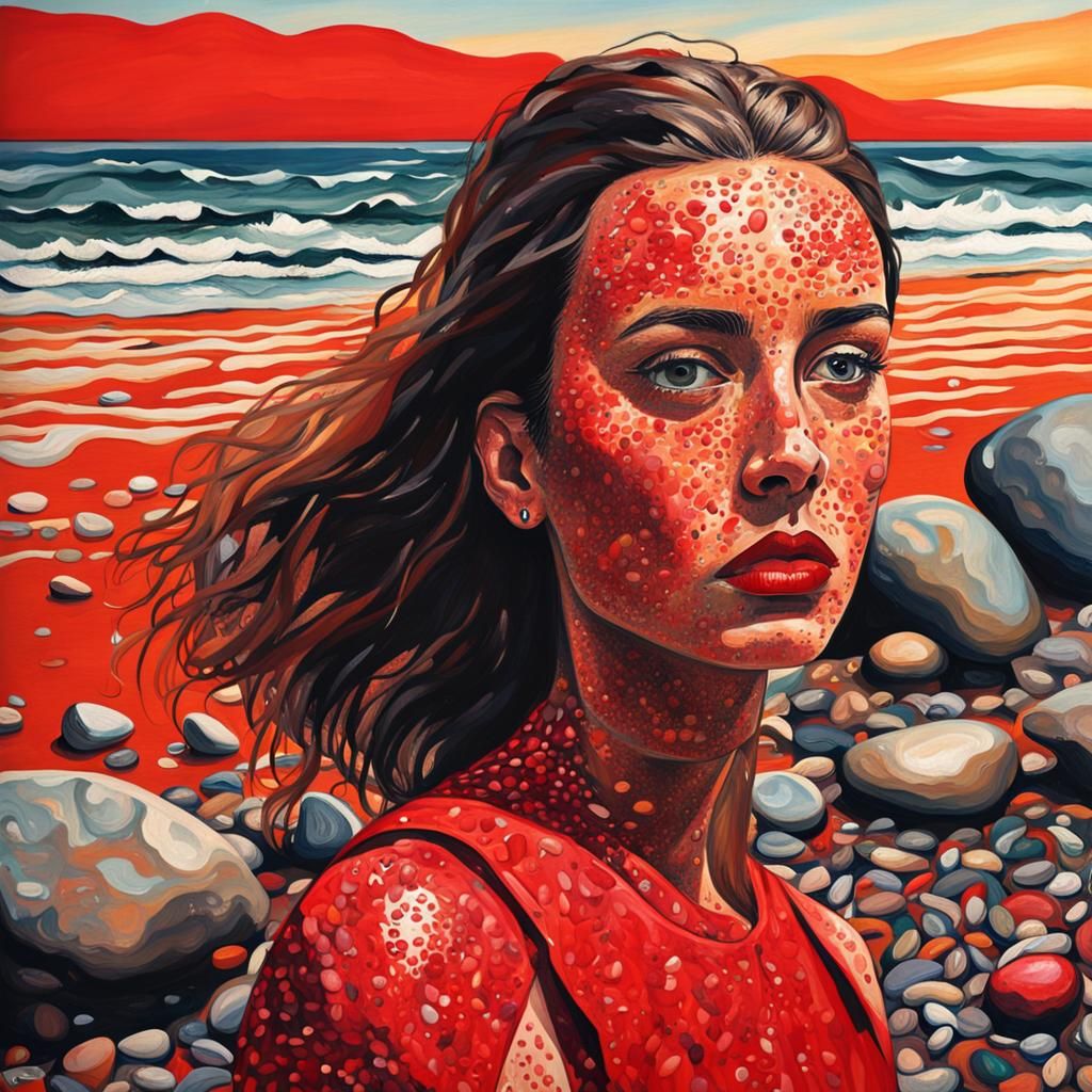 Melancholic Woman on Pebble Beach in Surreal Style