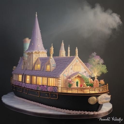 Decorated Narrowboat Cake in Ethereal Fantasy Style