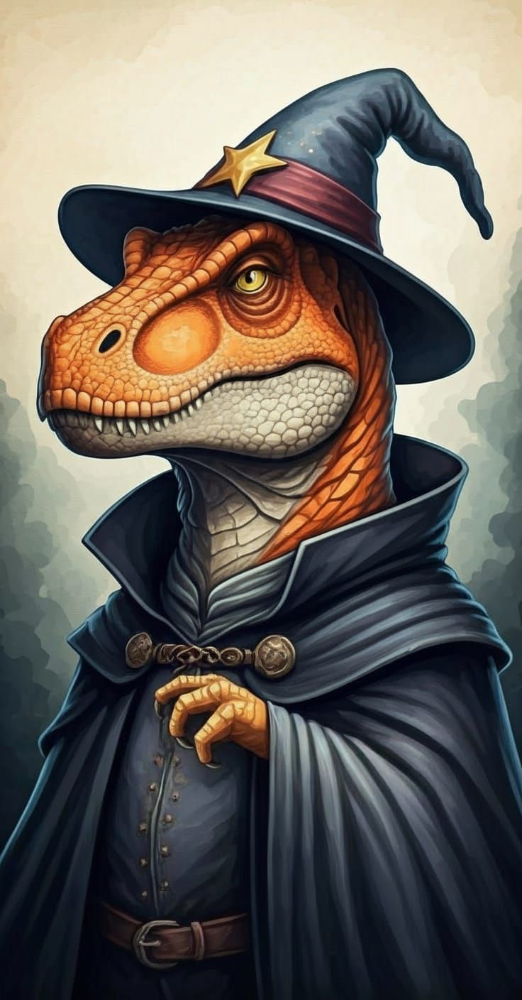 Orange Tyrannosaur Wizard Portrait in Ink and Watercolor