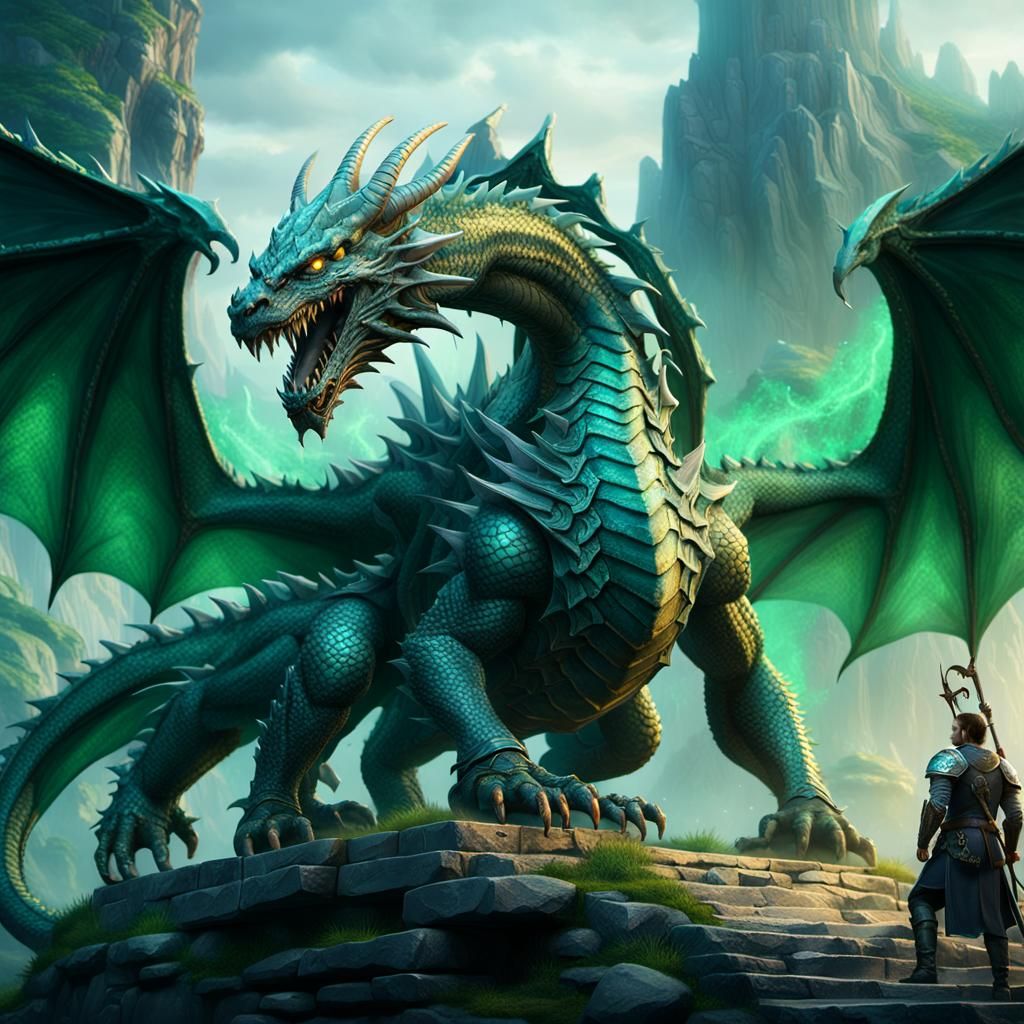 Warrior Astride Serpentine Dragon in Fantasy Landscape