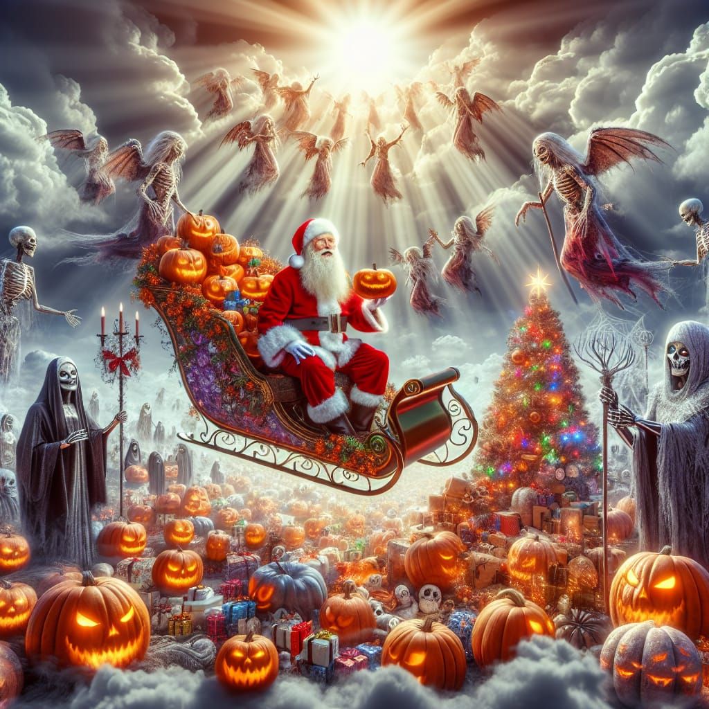 Create santa in a sleigh full of pumpkins and presents a hal...