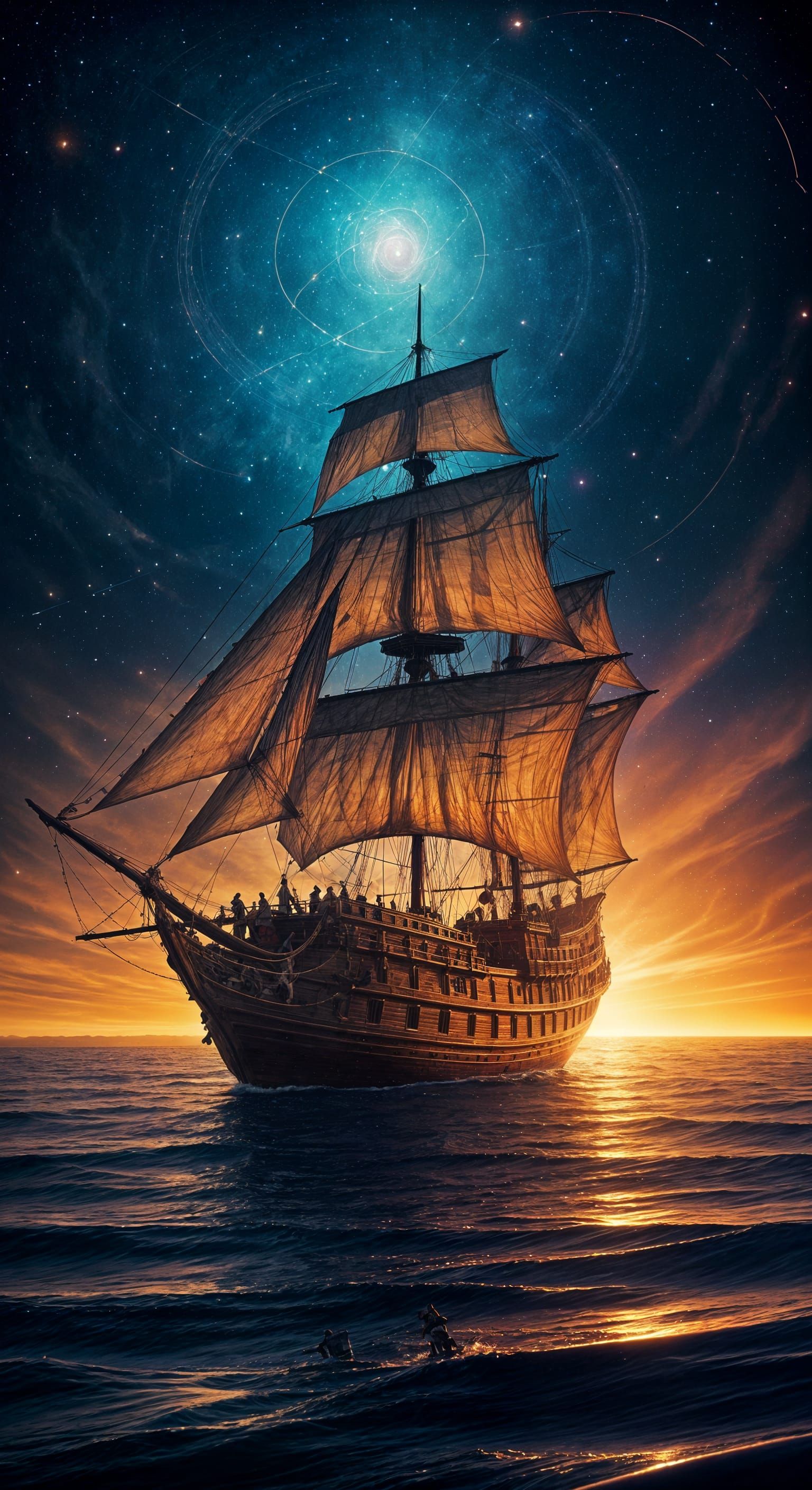 Ancient Ship Sails Cosmic Ocean with Celestial Map