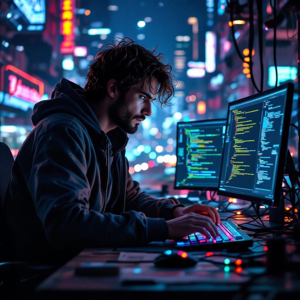 Enigmatic Coder Creating ZYPERS in a Neon Cityscape