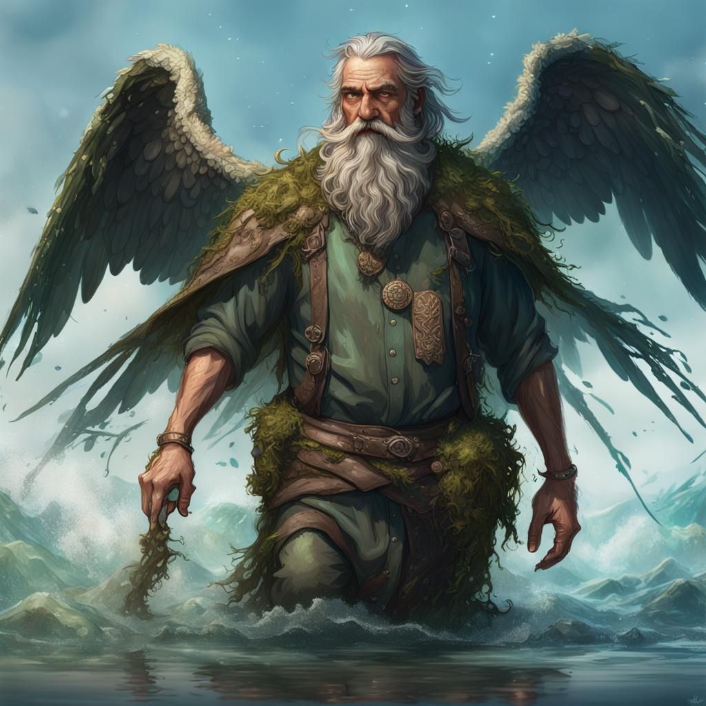 a grandfather from water, covered in mud and scales, with a ...