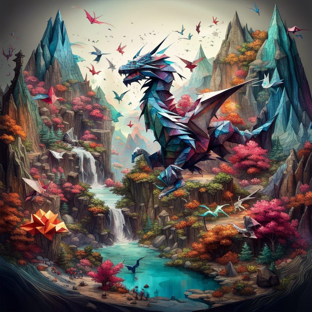 Colorful Origami Dragon in Fantasy Landscape