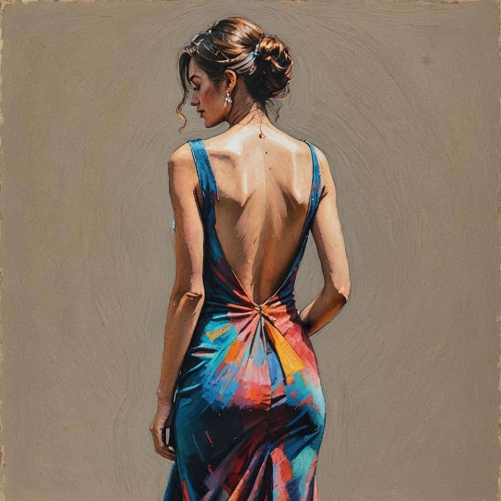 Oil Pastel Painting of Woman in Dress
