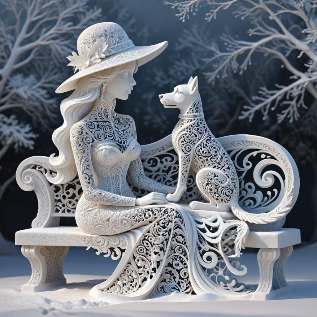Elegant Lady with Dog in Snowy Scene, Delicate Sculpture Art