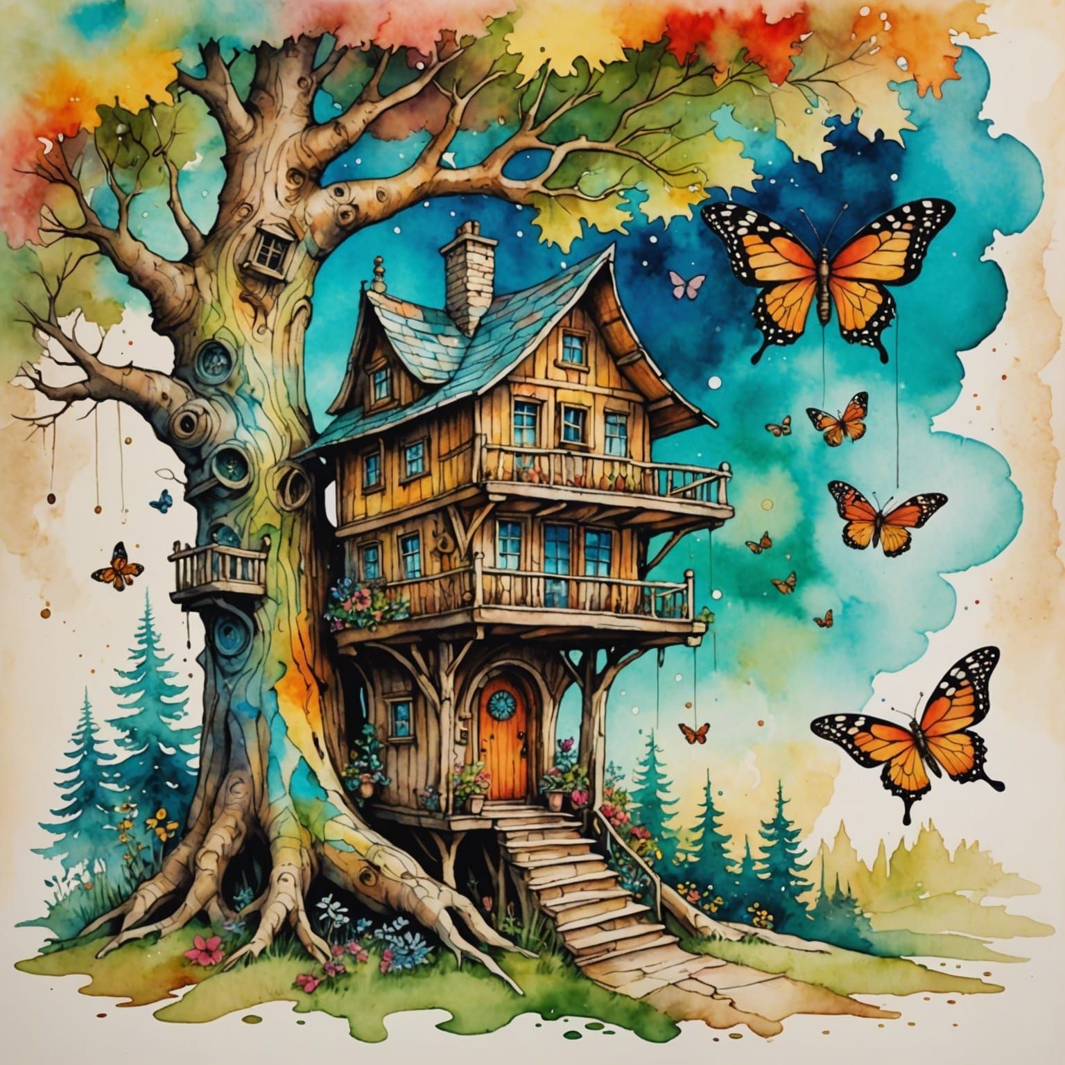 Whimsical Treehouse Watercolor on Scrapbook Page