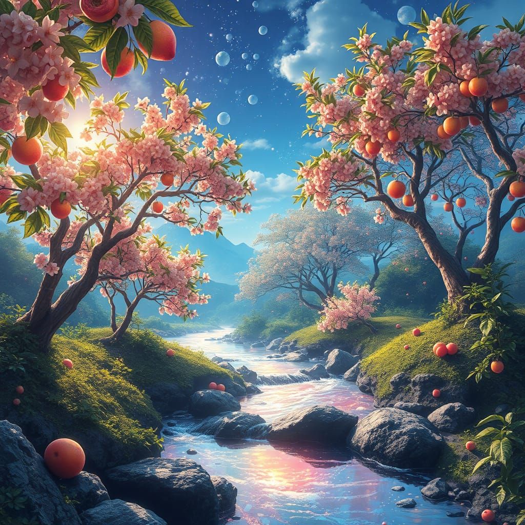 In a resplendent paradise, where crystal rivers flow with ir...