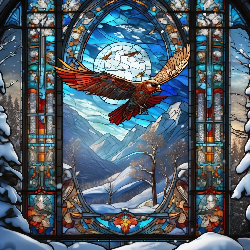 Cardinal in Stained Glass Window Among Birch Trees