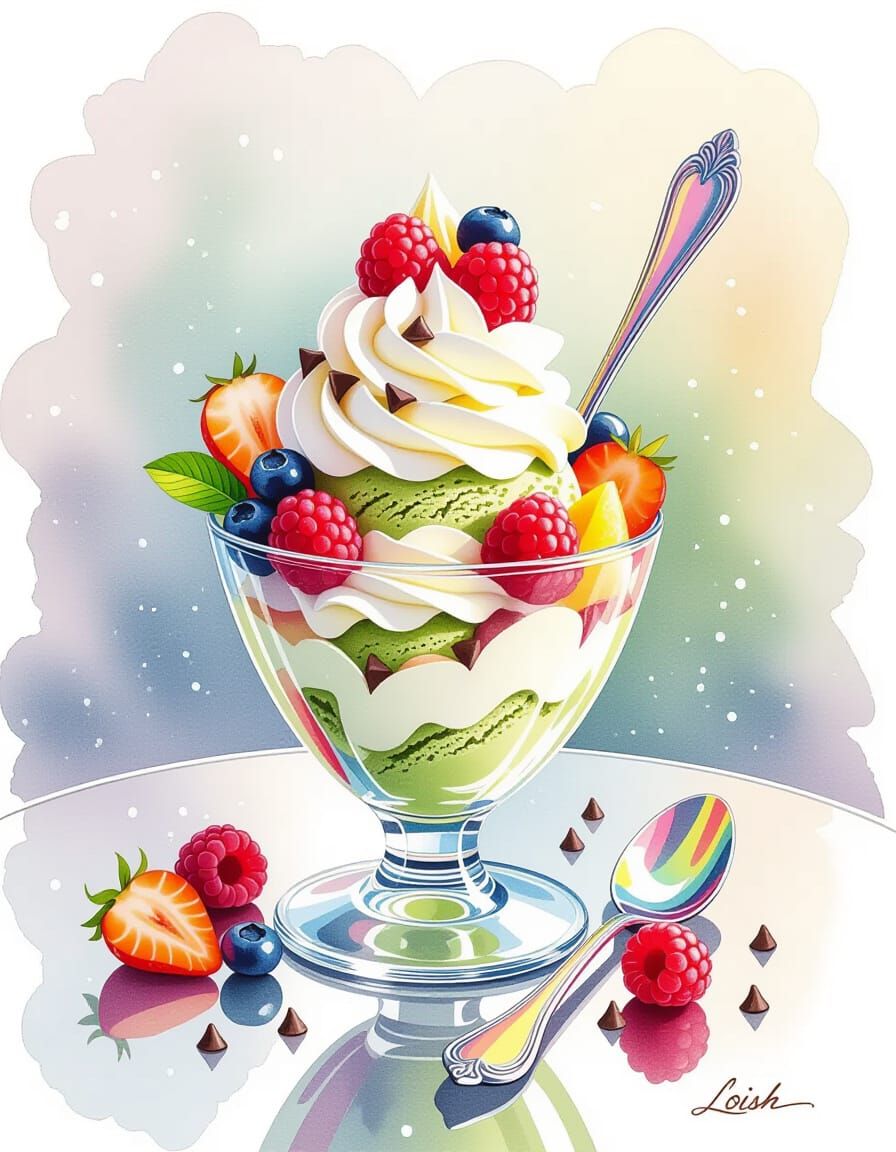 Matcha Parfait in Watercolor Splash Art Style