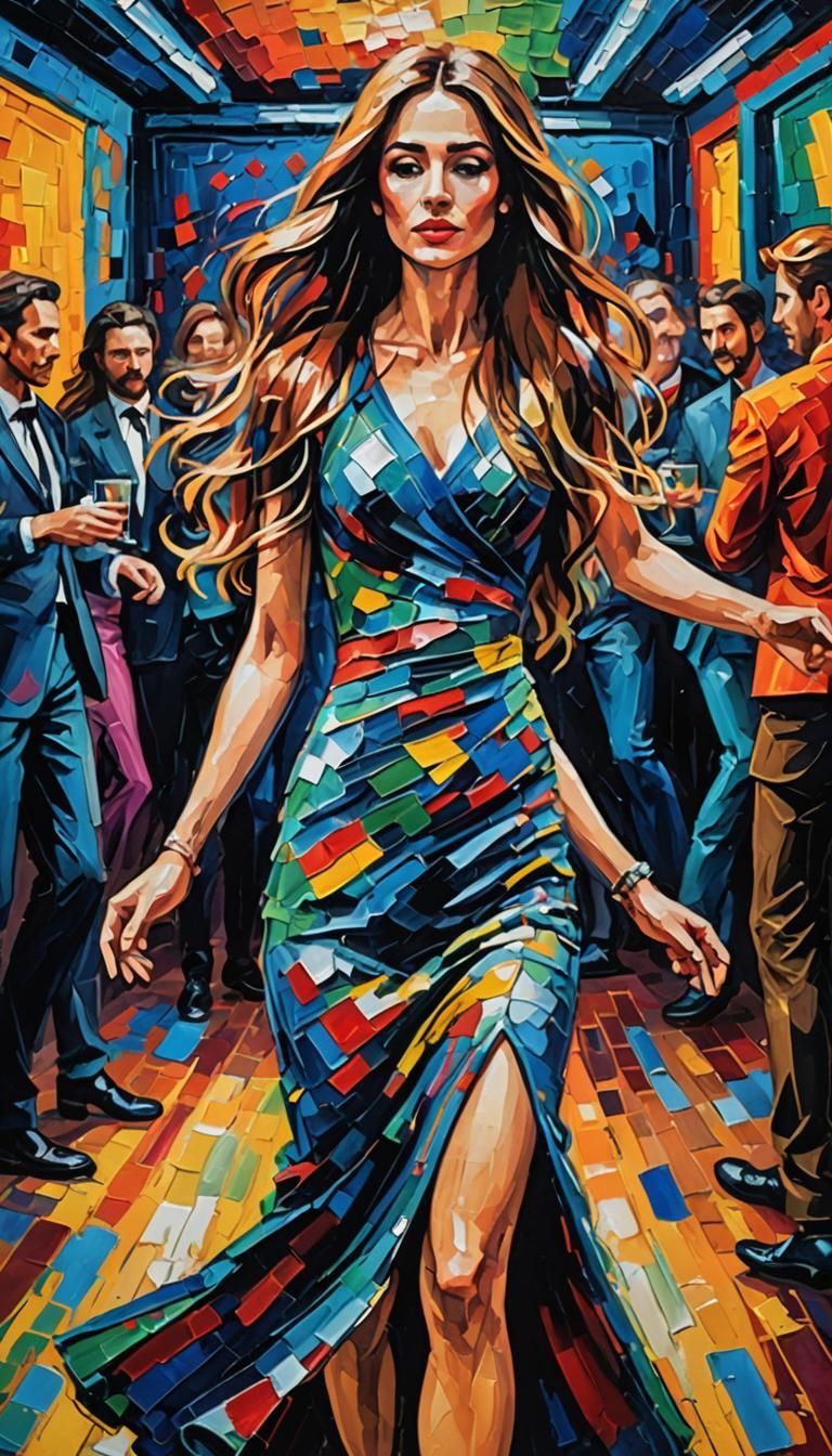 a long haired glamour female tight fit dress dancing in a cl...