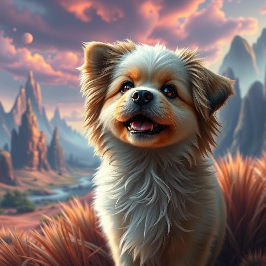 Whimsical Fantasy Dog in a Dreamlike Landscape