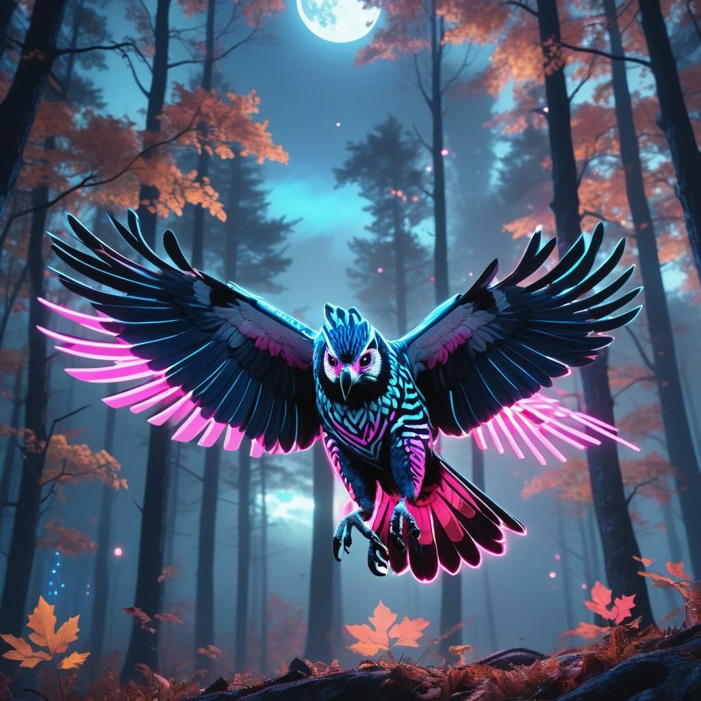 Neon Falcon in Moonlit Forest, Synthwave Style