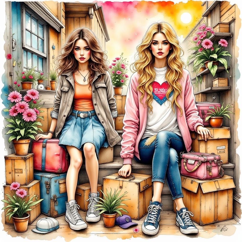 Sisters Move In: Ink Drawing in Hyperreal Style