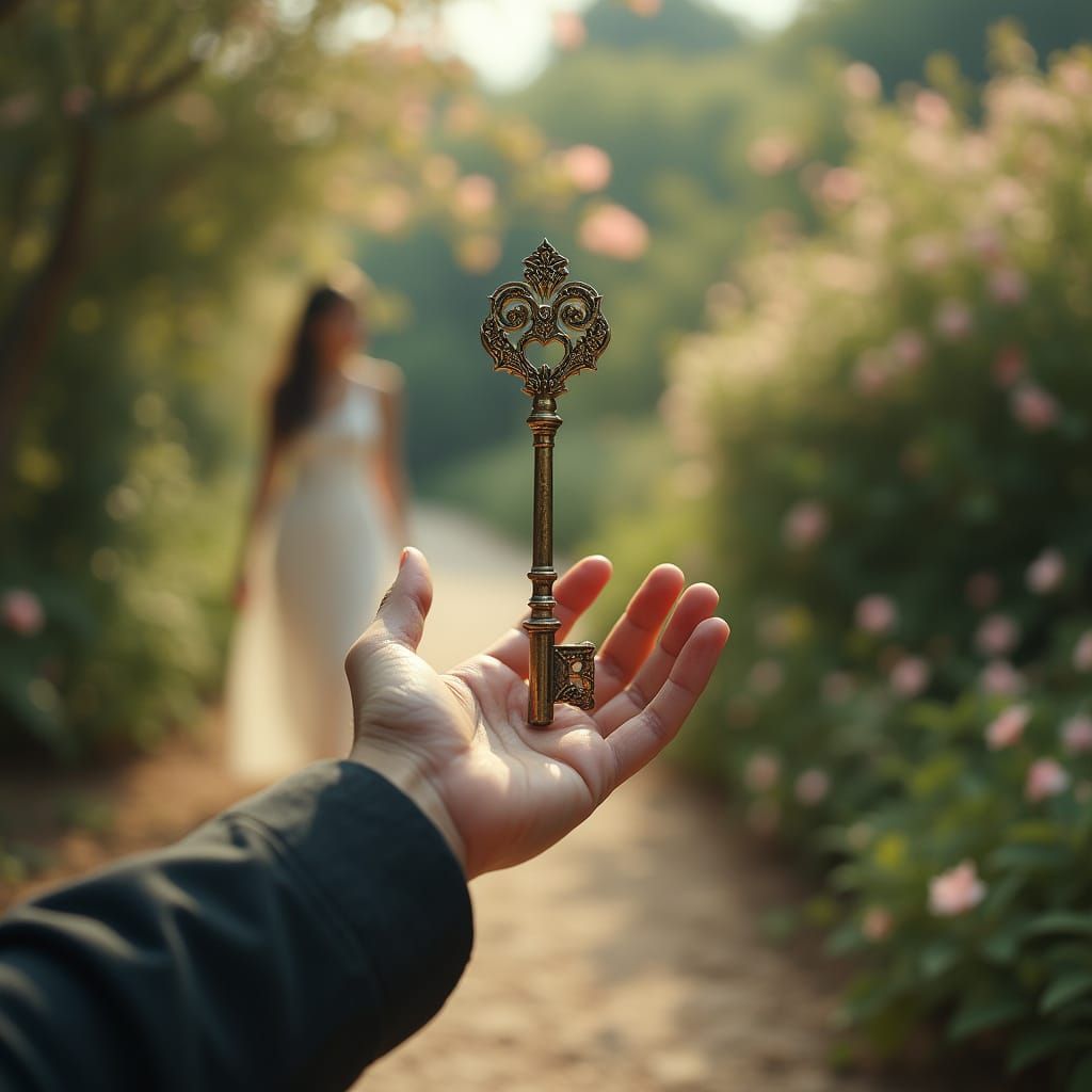 Mystical Key Held in Hand: Poetic Spring Scene