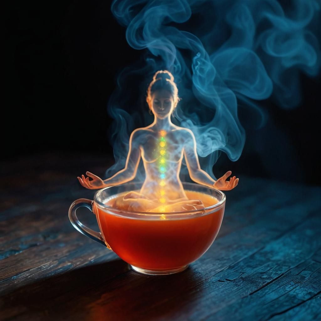 Ethereal Meditating Woman Emerges from Tea Cup