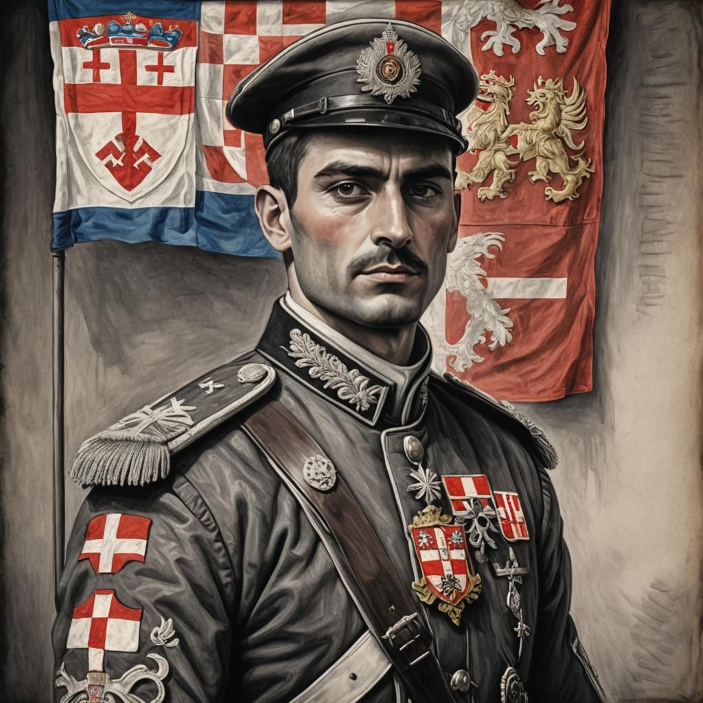 Croatian Soldier with Flag in Charcoal Drawing