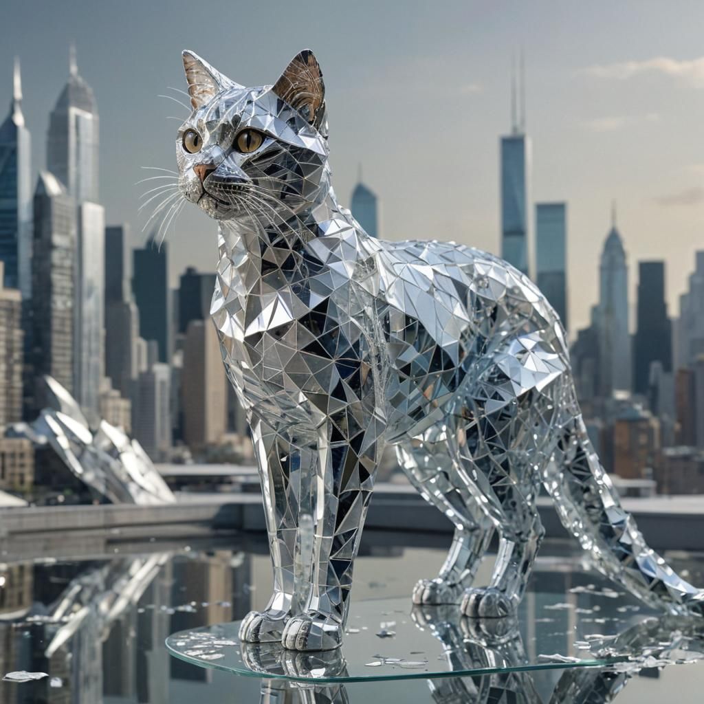 Futuristic 3D Cat Sculpture with Transparent Fragments