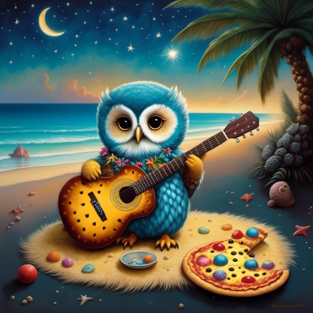 Whimsical Owl Chick Plays Guitar on Beach