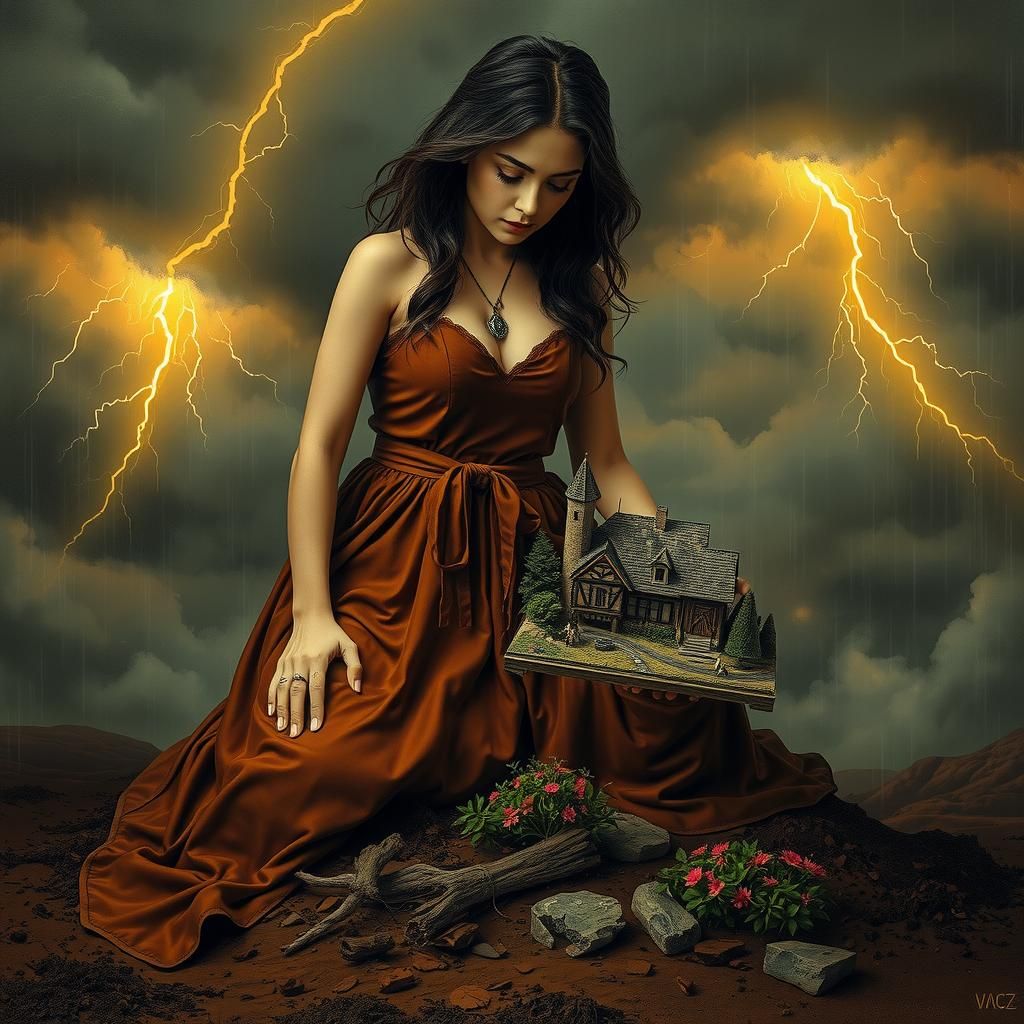 Earthy Giantess Kneeling in Tempestuous Landscape
