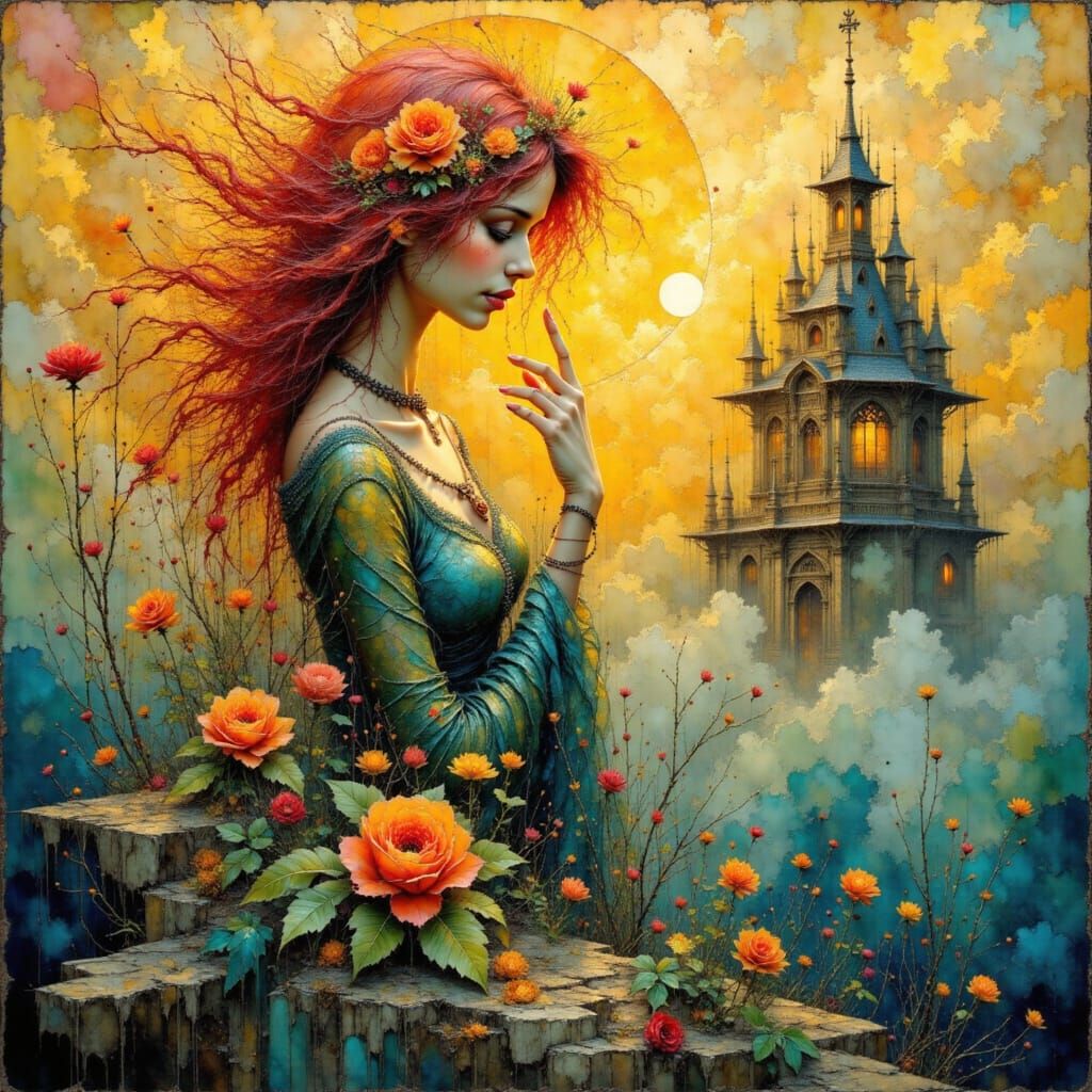 Ocean Goddess in Gold, Teal, and Crimson Hues