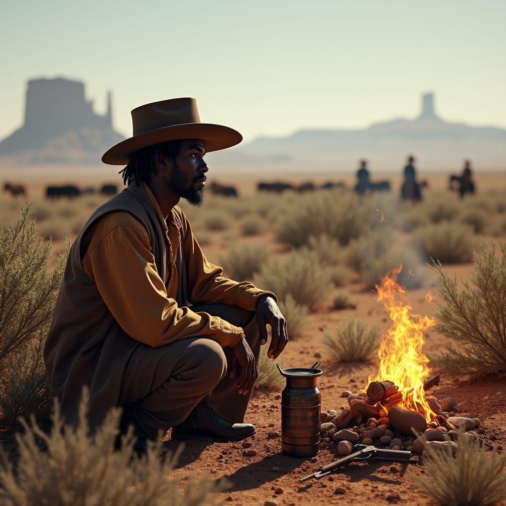 Man in Badlands with Cowboy Gear by Campfire