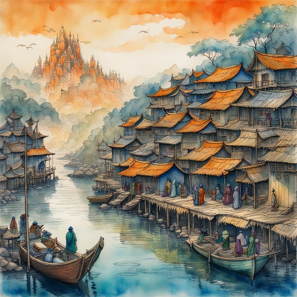 South Asian Fishing Village: Vintage Ink Watercolor