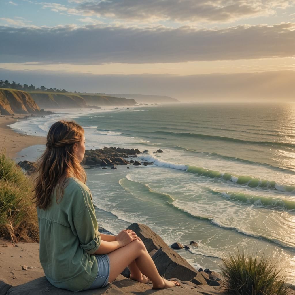 Girl Gazing at Ocean Waves in Golden Light